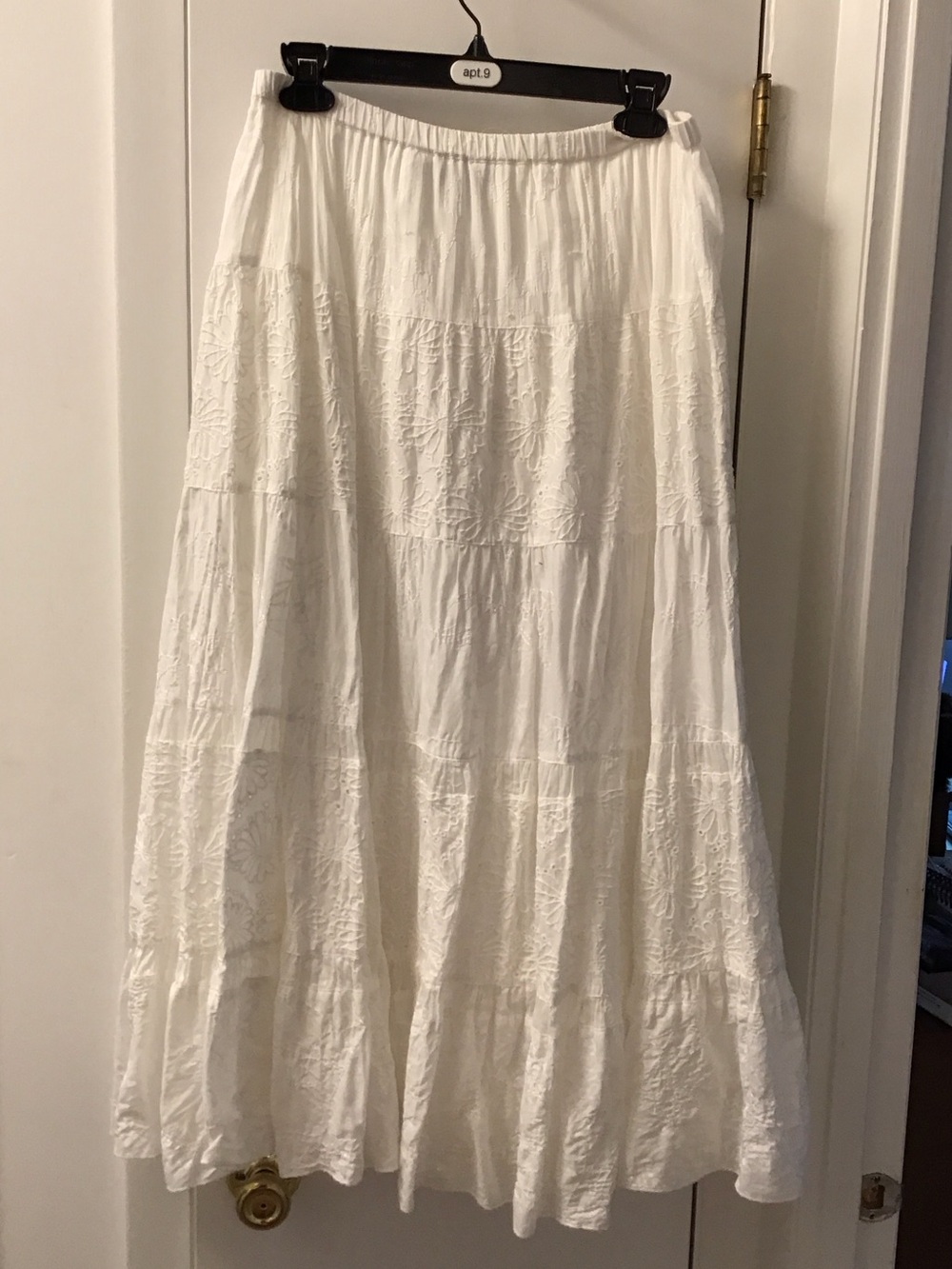 Chico's White Embroidered Tiered Maxi Skirt. Medium